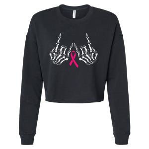 Skeleton Rock Hand Breast Cancer Awareness Cool Pink Ribbon Cropped Pullover Crew