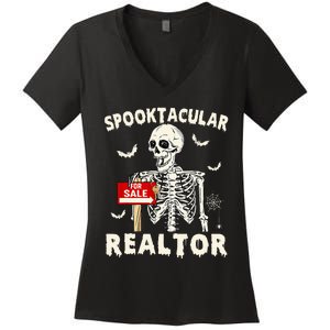 Spooktacular Realtor Halloween Funny Skeleton Real Estate Women's V-Neck T-Shirt