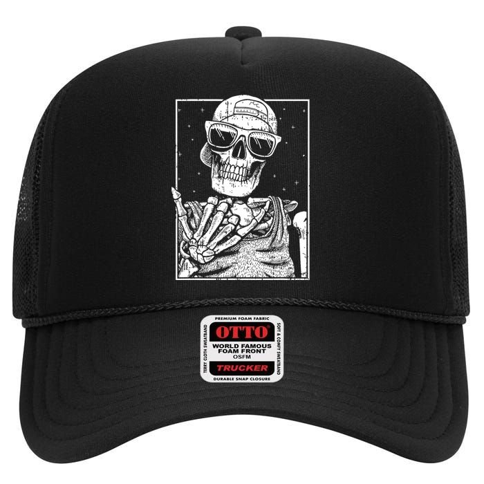 Skeleton Rock Hand Halloween Costume Cool Rock Music Rocker High Crown Mesh Back Trucker Hat