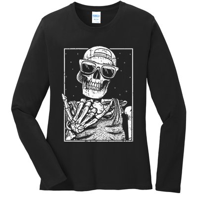 Skeleton Rock Hand Halloween Costume Cool Rock Music Rocker Ladies Long Sleeve Shirt