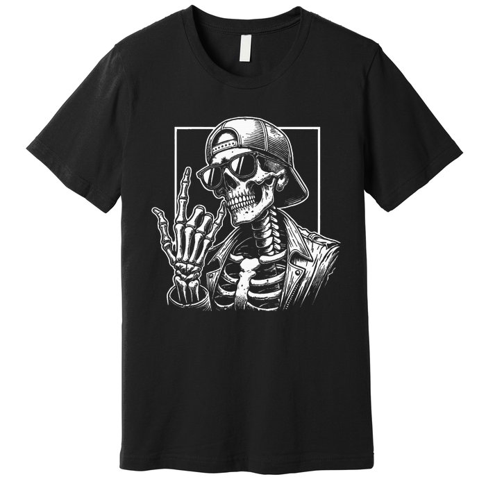 Skeleton Rock Hand Halloween Costume Rocker Cool Rock Music Premium T-Shirt