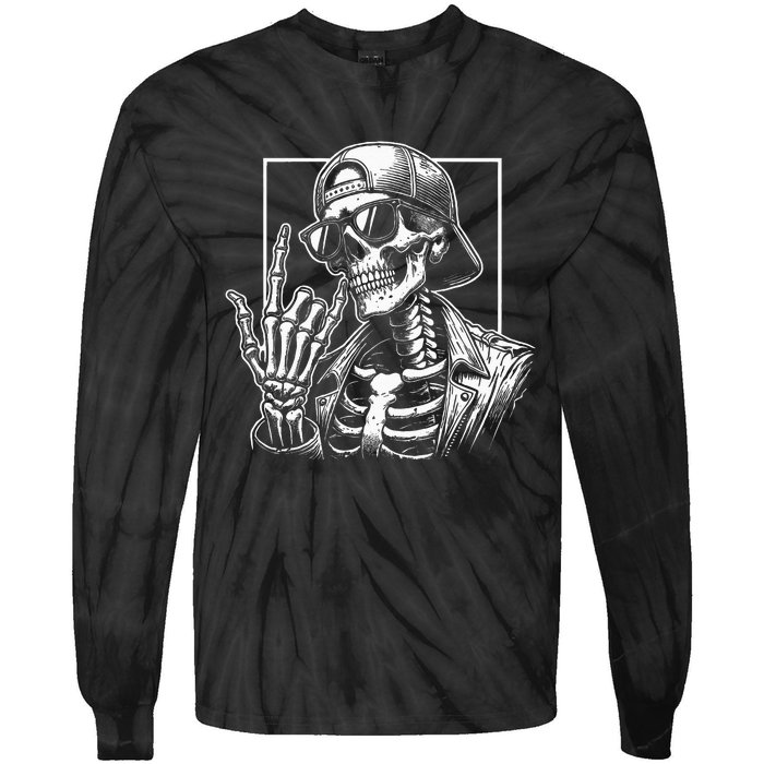 Skeleton Rock Hand Halloween Costume Rocker Cool Rock Music Tie-Dye Long Sleeve Shirt