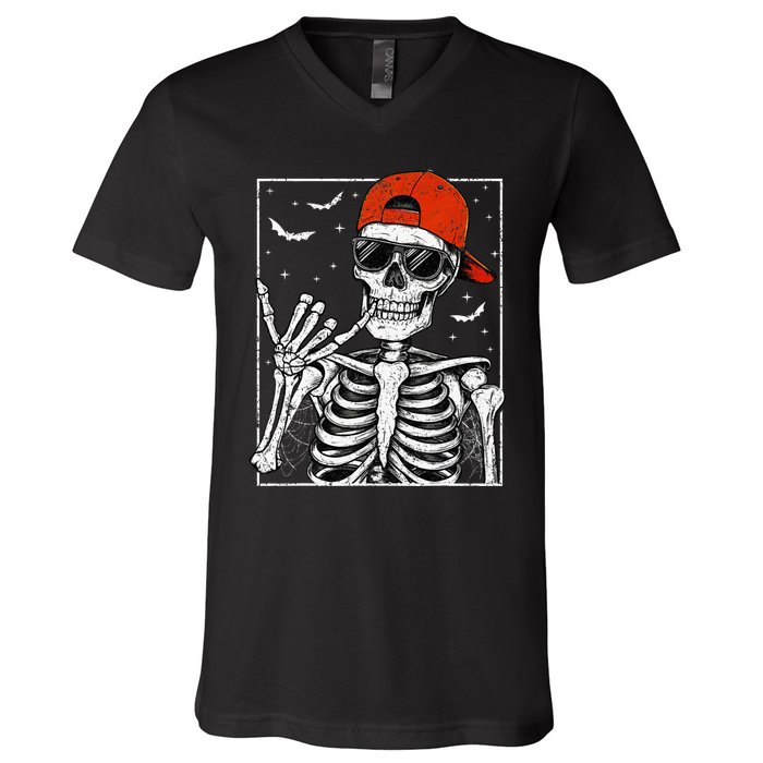 Skeleton Rock Hand Halloween Costume Cool Rock Music Rocker V-Neck T-Shirt