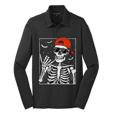 Skeleton Rock Hand Halloween Costume Cool Rock Music Rocker Silk Touch Performance Long Sleeve Polo