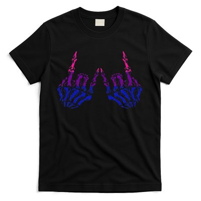 Skeleton Rock Hand LGBTQ Cool Bisexual Pride Color Bi Flag T-Shirt