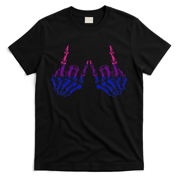 Skeleton Rock Hand LGBTQ Cool Bisexual Pride Color Bi Flag T-Shirt