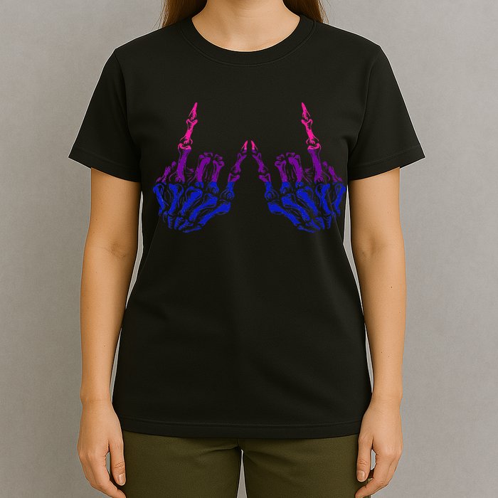 Skeleton Rock Hand LGBTQ Cool Bisexual Pride Color Bi Flag T-Shirt