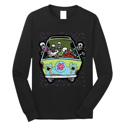 Skeleton Riding Hippie Van Halloween Costume Retro Bones Long Sleeve Shirt