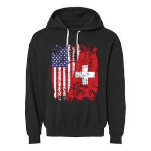 Swiss Roots Half American Flag Switzerland Garment-Dyed Fleece Hoodie