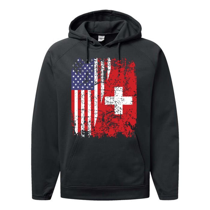 Swiss Roots Half American Flag Switzerland Performance Fleece Hoodie