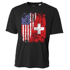 Swiss Roots Half American Flag Switzerland Cooling Performance Crew T-Shirt