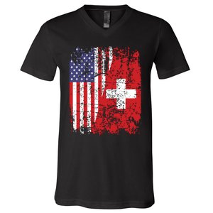 Swiss Roots Half American Flag Switzerland V-Neck T-Shirt