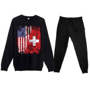 Swiss Roots Half American Flag Switzerland Premium Crewneck Sweatsuit Set