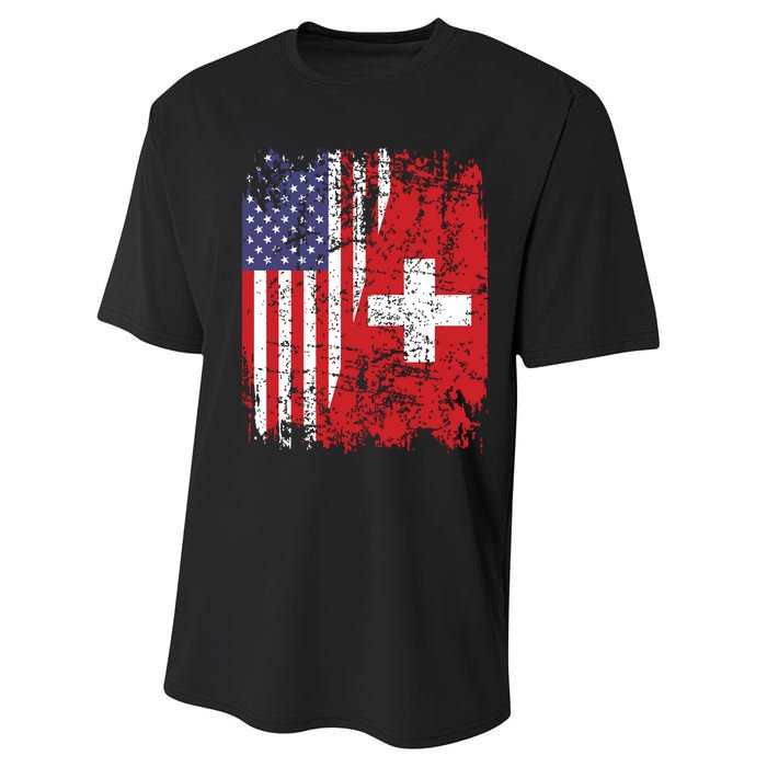 Swiss Roots Half American Flag Switzerland Performance Sprint T-Shirt