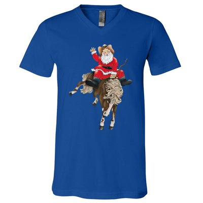 Santa Riding Horse Funny Howdy Xmas Design Funny Gift V-Neck T-Shirt