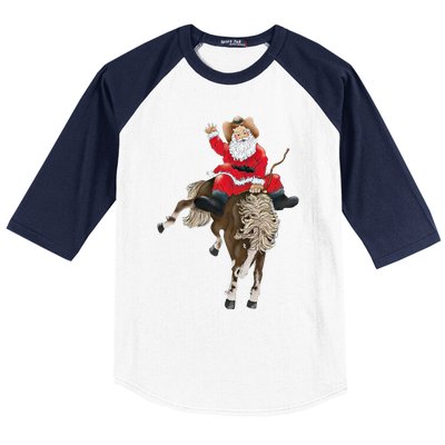 Santa Riding Horse Funny Howdy Xmas Design Funny Gift Baseball Sleeve Shirt