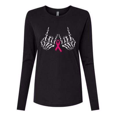 Skeleton Rock Hand Breast Cancer Awareness Cool Pink Ribbon Womens Cotton Relaxed Long Sleeve T-Shirt