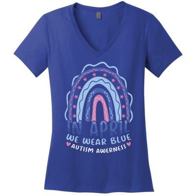 Support Rainbow In April Wear Blue For Autism Awareness Cute Gift Women's V-Neck T-Shirt