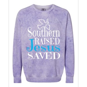 Southern Raised Jesus Saved Me Country Christian Religious Gift Colorblast Crewneck Sweatshirt