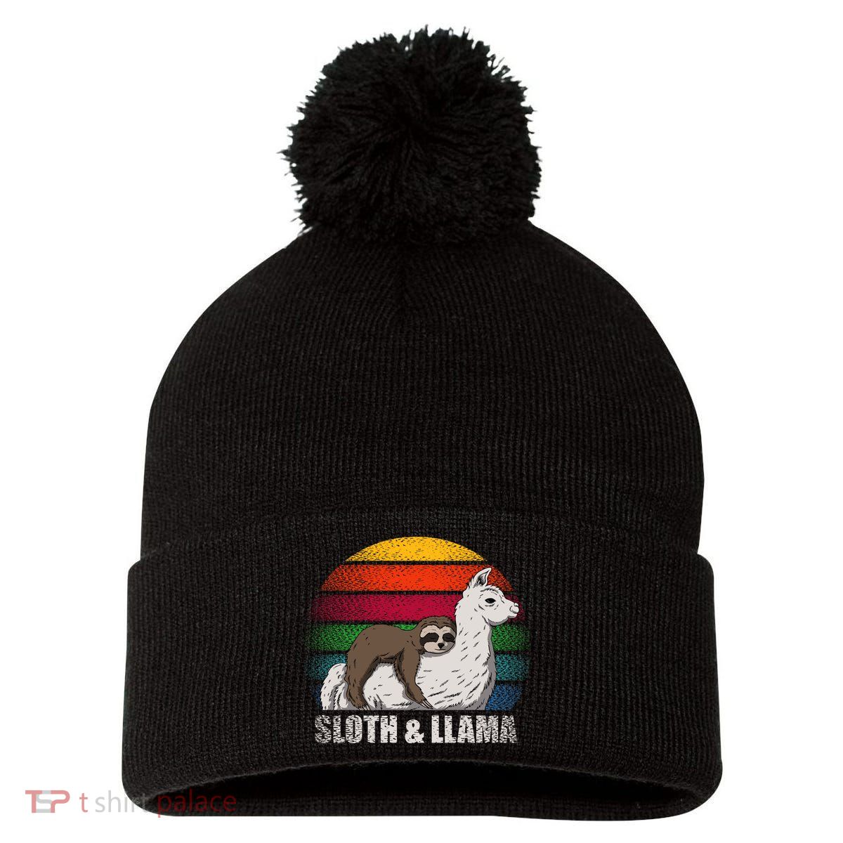 Sloth Riding LLAMA Pom Pom 12in Knit Beanie