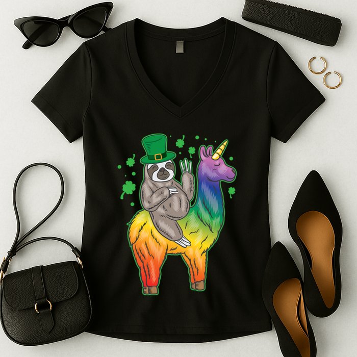 Sloth Rainbow Leprechaun Women's V-Neck T-Shirt