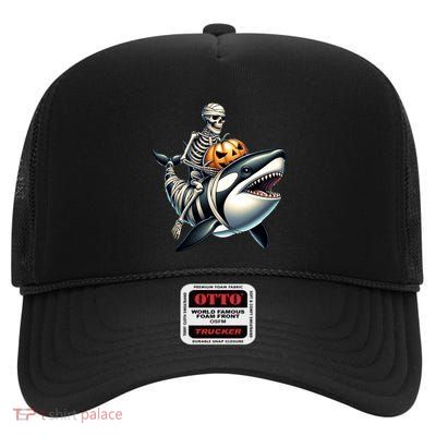 Skeleton Riding Mummy Orca Halloween Whale Great Gift High Crown Mesh Back Trucker Hat