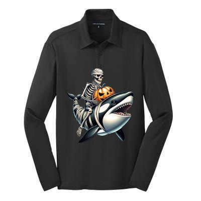 Skeleton Riding Mummy Orca Halloween Whale Great Gift Silk Touch Performance Long Sleeve Polo