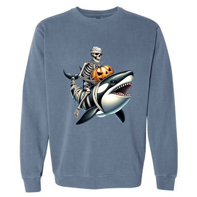 Skeleton Riding Mummy Orca Halloween Whale Great Gift Garment-Dyed Sweatshirt