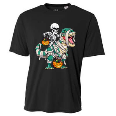 Skeleton Riding Mummy Dinosaur T Rex Funny Halloween Cooling Performance Crew T-Shirt