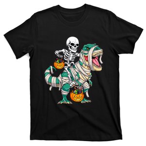 Skeleton Riding Mummy Dinosaur T Rex Funny Halloween T-Shirt