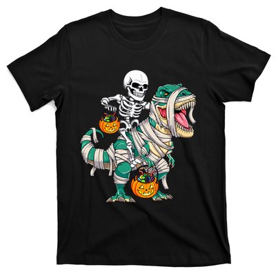 Skeleton Riding Mummy Dinosaur T Rex Funny Halloween T-Shirt