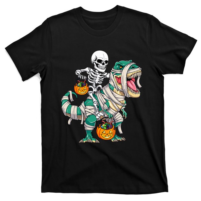 Skeleton Riding Mummy Dinosaur T Rex Funny Halloween T-Shirt