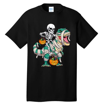 Skeleton Riding Mummy Dinosaur T Rex Funny Halloween Tall T-Shirt