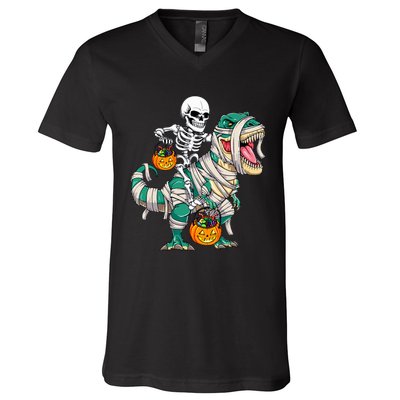 Skeleton Riding Mummy Dinosaur T Rex Funny Halloween V-Neck T-Shirt