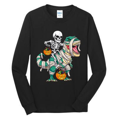 Skeleton Riding Mummy Dinosaur T Rex Funny Halloween Tall Long Sleeve T-Shirt