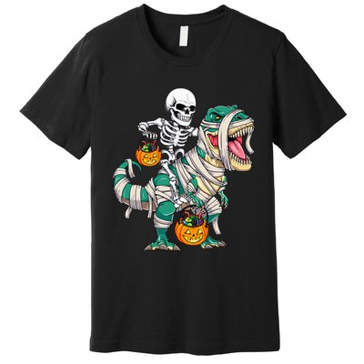 Skeleton Riding Mummy Dinosaur T Rex Funny Halloween Premium T-Shirt