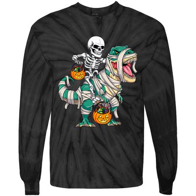 Skeleton Riding Mummy Dinosaur T Rex Funny Halloween Tie-Dye Long Sleeve Shirt