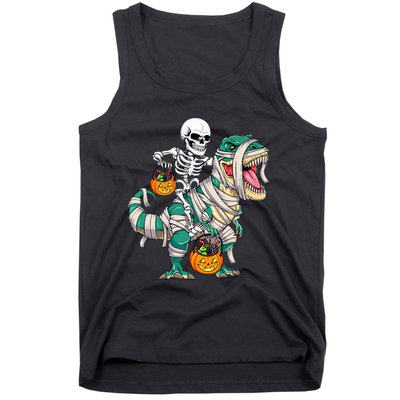 Skeleton Riding Mummy Dinosaur T Rex Funny Halloween Tank Top