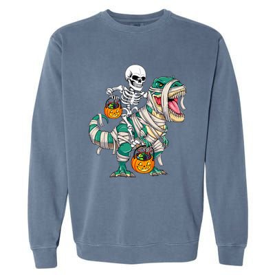 Skeleton Riding Mummy Dinosaur T Rex Funny Halloween Garment-Dyed Sweatshirt