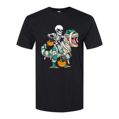 Skeleton Riding Mummy Dinosaur T Rex Funny Halloween Softstyle CVC T-Shirt