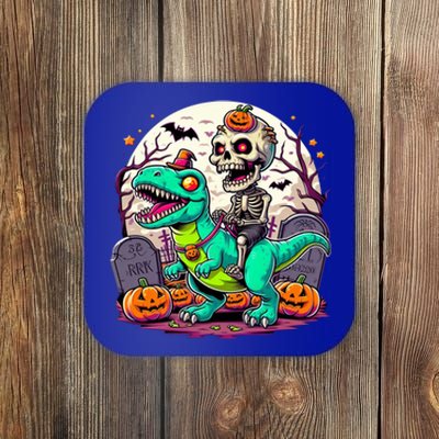 Skeleton Riding Mummy Dinosaur T Rex Halloween Funny Pumpkin Gift Coaster