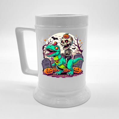 Skeleton Riding Mummy Dinosaur T Rex Halloween Funny Pumpkin Gift Beer Stein