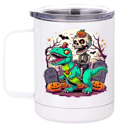 Skeleton Riding Mummy Dinosaur T Rex Halloween Funny Pumpkin Gift 12 oz Stainless Steel Tumbler Cup