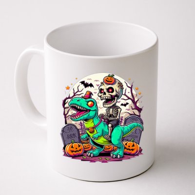 Skeleton Riding Mummy Dinosaur T Rex Halloween Funny Pumpkin Gift Coffee Mug