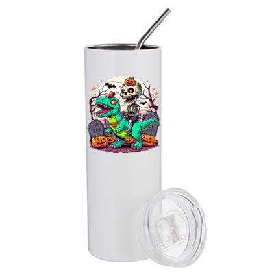 Skeleton Riding Mummy Dinosaur T Rex Halloween Funny Pumpkin Gift Stainless Steel Tumbler