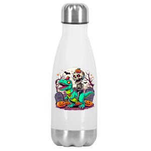 Skeleton Riding Mummy Dinosaur T Rex Halloween Funny Pumpkin Gift Stainless Steel Insulated Water Bottle