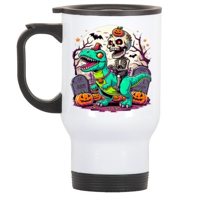 Skeleton Riding Mummy Dinosaur T Rex Halloween Funny Pumpkin Gift Stainless Steel Travel Mug