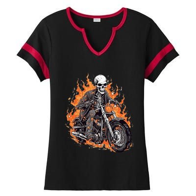 Skeleton Riding Motorcycle Halloween Costume Biker Ladies Halftime Notch Neck Tee