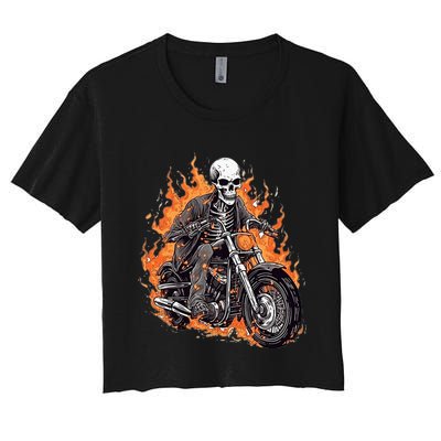 Skeleton Riding Motorcycle Halloween Costume Biker Women's Crop Top Tee