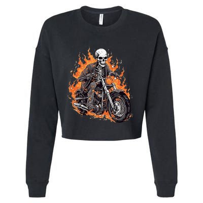 Skeleton Riding Motorcycle Halloween Costume Biker Cropped Pullover Crew